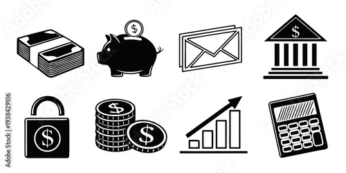 Icons representing various aspects of finance and banking services Vector