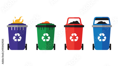 Row of four colorful recycling bins in purple green red and blue for waste management and environmental care.