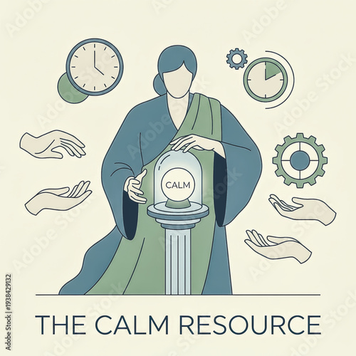  A wise figure offers calm as a resource against life's pressures. A vector concept for mental health, mindfulness, and stress management.. Vector illustration