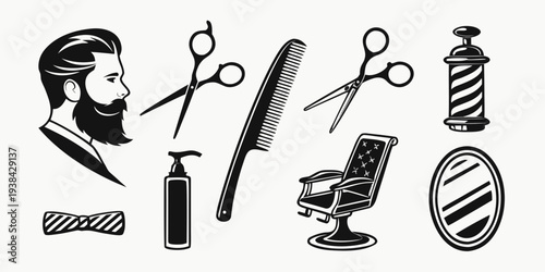 A collection of vintage barber tools and equipment including scissors, combs, and a chair. Vector