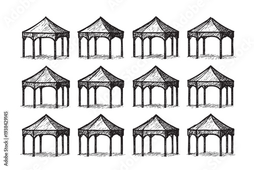 Seamless pattern of hand-drawn canopies on a white background, perfect for event planning, wedding designs, or marketing materials with a vintage feel.