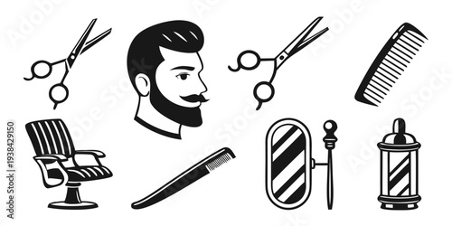A collection of barber tools and equipment used in a traditional barbershop setting. Vector