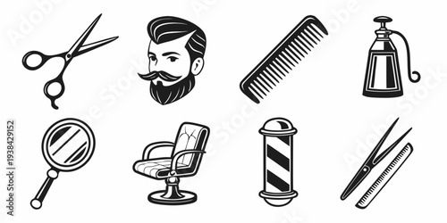 A collection of barbering tools and icons representing the barber profession Vector