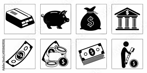 A collection of icons representing various aspects of finance and banking. Vector