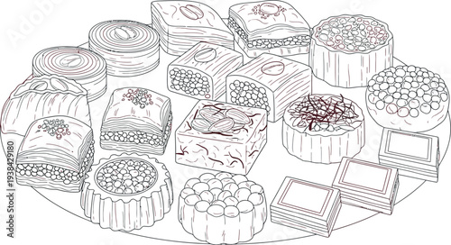 Outline drawing of various traditional Middle Eastern sweets and pastries on a plate for coloring.