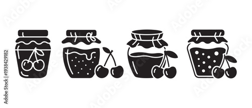 Cherry Jam Jars Icon Set. Sweet Fruit Preserve in Glass Containers with Cherries, Vector Illustration.