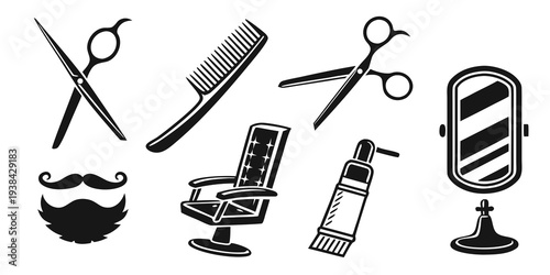 Assorted barber tools including scissors, comb, and razor on a mirror Vector