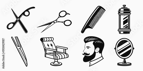 An assortment of barber tools including scissors, combs, and razors Vector