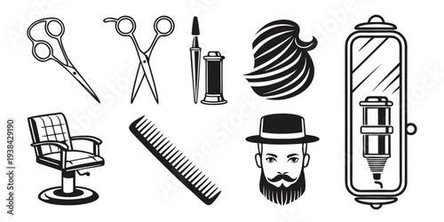 A collection of barbering tools and accessories including scissors, combs, and a barber pole Vector