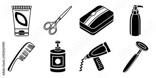 An assortment of barber tools and equipment laid out on a white background Vector