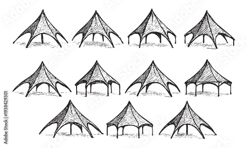 Repeating sketched pattern of tents in black and white, showing different angles, ideal for architectural design, camping, or festival backgrounds.