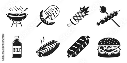 Assorted grilled food items and cooking utensils on a white background Vector