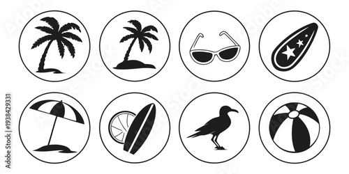 Assorted icons representing various beach and summer activities and items Vector