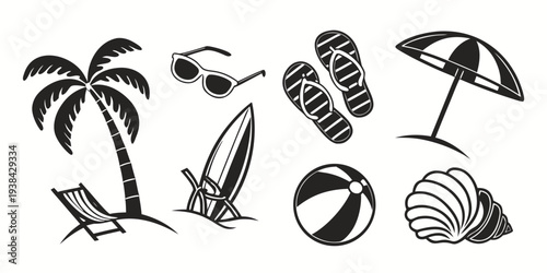 A serene beach scene with palm trees, beach chairs, and various beach items. Vector