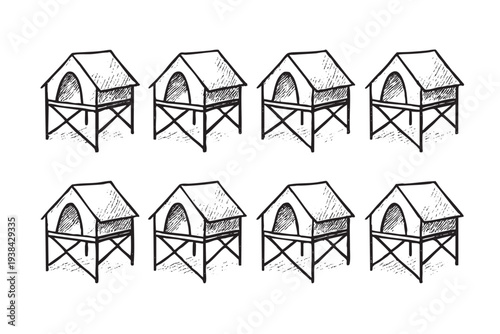 Hand-drawn style tents stand on stilts in a repeating pattern, shown in black and white, ideal for travel, camping, or illustration projects.