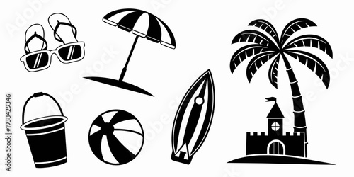 A collection of beach items and a tropical scene Vector