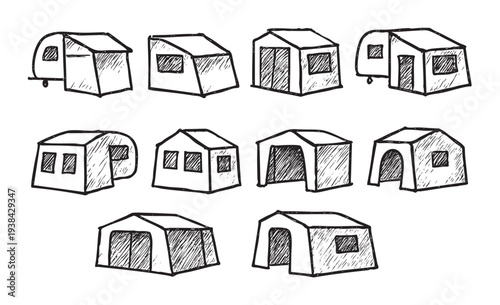 A collection of camping tents in a sketch illustration style, evoking a sense of adventure and outdoor recreation against a clean white backdrop. Great for travel blogs or campsite guides.