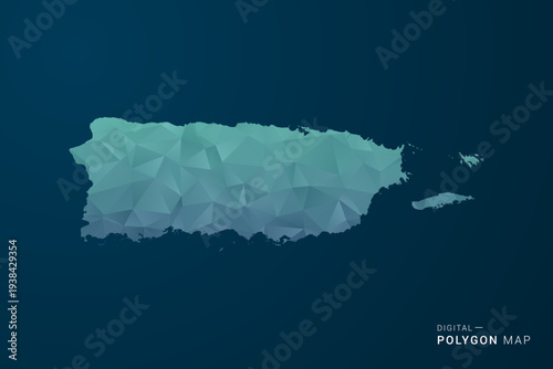 Puerto Rico Map - Polygon Style Vector Illustration with Teal Blue Gradient, Low Poly Geometric Design, Digital and Technology Inspired, Clean Silhouette on Dark Background.