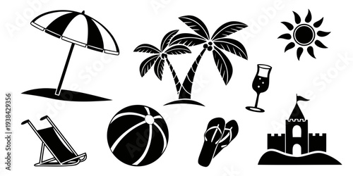 Vibrant beach scene with tropical elements and summer activities Vector