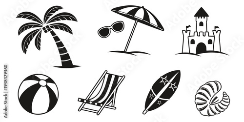 A collection of beach and vacation related icons including palm trees, umbrellas, and castles. Vector