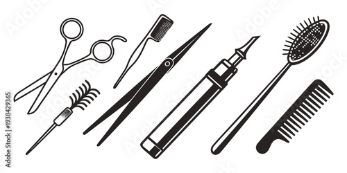 An assortment of hairdressing tools and accessories laid out on a flat surface Vector