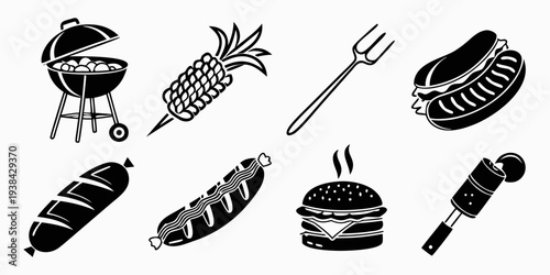 Assorted grilled meats and seafood on a barbecue grill and skewers Vector