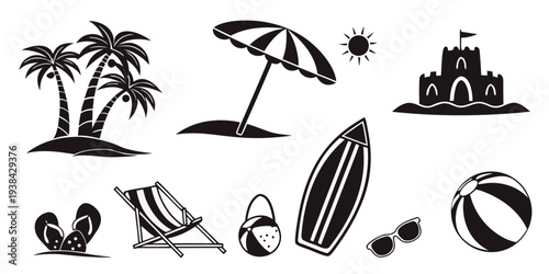 A collection of beach items including palm trees, a beach umbrella, a surfboard, and a boat. Vector