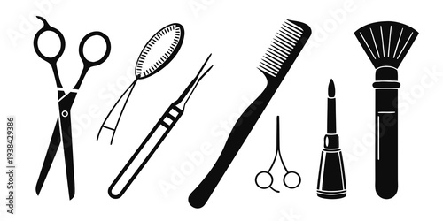 Assorted beauty tools including scissors, tweezers, and brushes Vector