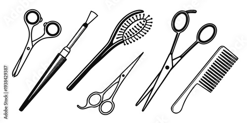 An assortment of hair and beauty tools laid out on a white background. Vector