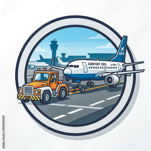 Cartoon vector of an airport scene. A pushback tug is towing a passenger airliner on the runway with the control tower in the background. Vector illustration