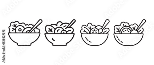 Line Art Salad Icons. Four Bowls of Fresh Green Salad with Spoon, Healthy Food Vector Graphics for Nutrition and Diet.