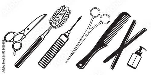 Assorted hairdressing tools and accessories laid out on a flat surface Vector