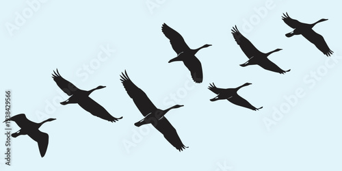 A flock of birds flying in a v formation against a light blue sky Vector
