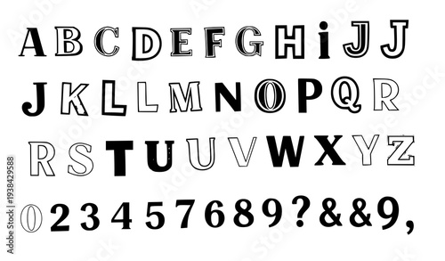 Colorful ransom style collage alphabet letters numbers and symbols cut from paper isolated on white vector set