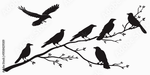 A flock of birds perched on a branch with one flying away Vector
