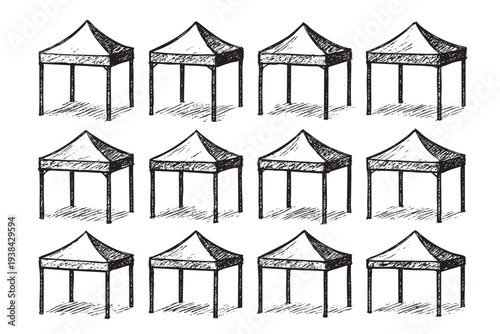 Repeating tent drawing showing structure; perfect for event design, farmers markets, or summer fair illustrations. Black and white sketch art provides a versatile and engaging look.