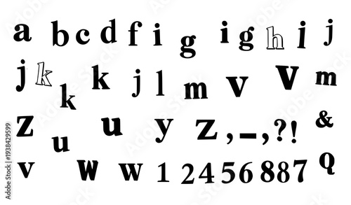 Mixed magazine cutout alphabet collage with random letters numbers and punctuation isolated on white vector illustration