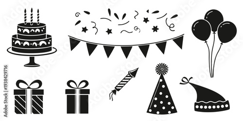 A collection of various party items including cakes, balloons, and decorations Vector