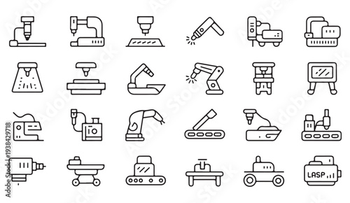 Heavy Construction Equipment Vector Line Icon Set Minimal Industrial Symbols