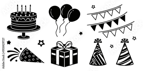 A variety of party decorations and gifts including balloons, banners, and wrapped presents Vector