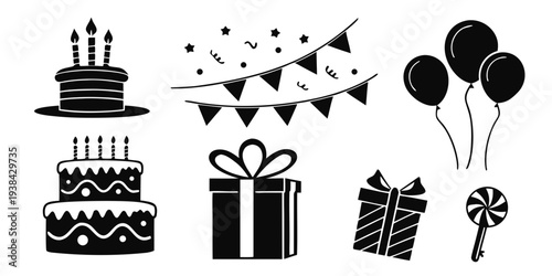 A delightful assortment of birthday celebration items including cake, presents, and balloons Vector