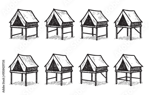 Hand-drawn sketch of tent structures on stilts repeat in a pattern, rendered in black and white, creating a rustic and outdoorsy vibe. Ideal for backgrounds, templates, or travel themes.