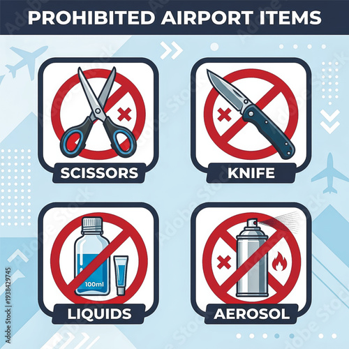 A set of signs for prohibited items at airport security checks. Icons include scissors, knife, liquids over 100ml, and flammable aerosols. Vector illustration