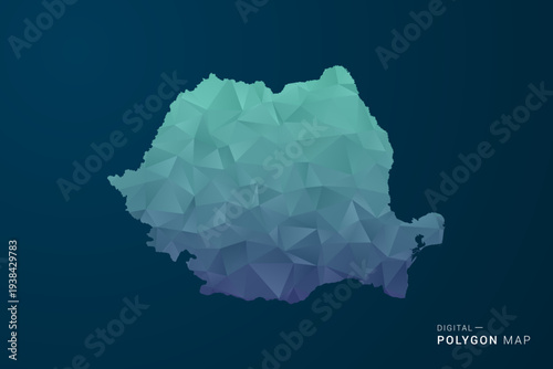 Romania Map - Polygon Style Vector Illustration with Teal Blue Gradient, Low Poly Geometric Design, Digital and Technology Inspired, Clean Silhouette on Dark Background.
