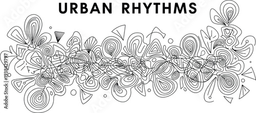 Bold urban rhythms text over intricate abstract line art doodle drawing.