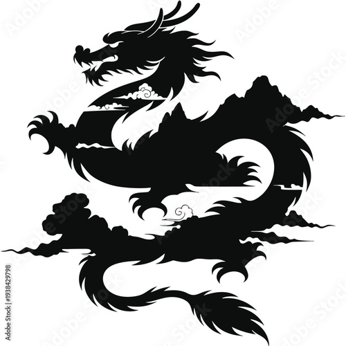 Dragon Head Mountain Landscape Double Exposure Tattoo Vector