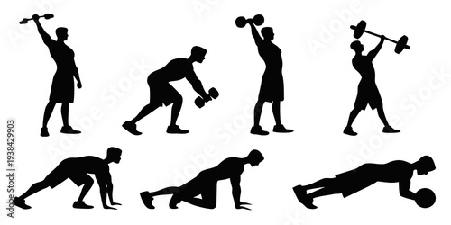 Diverse individuals performing various strength training exercises in a gym setting Vector