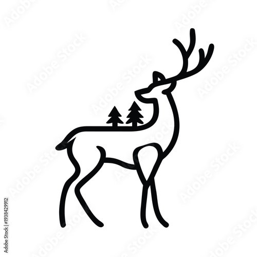 Black And White Deer Forest Double Exposure Tattoo Vector