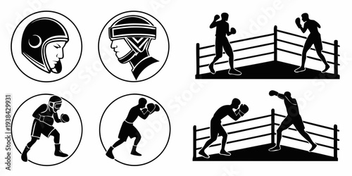 Historical and modern sports equipment and activities depicted in black and white icons Vector