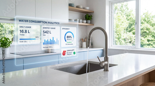 Modern kitchen sink with running faucet and digital water consumption analytics display showing daily usage, monthly statistics, and efficiency indicators.